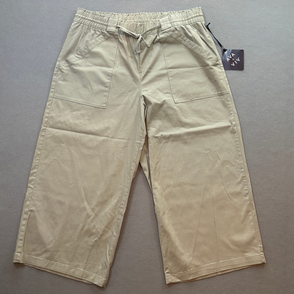NWT Ava & Viv Olive Wide Leg Crop Pants XXL Coastal Grandma Boho Chic Minimalist